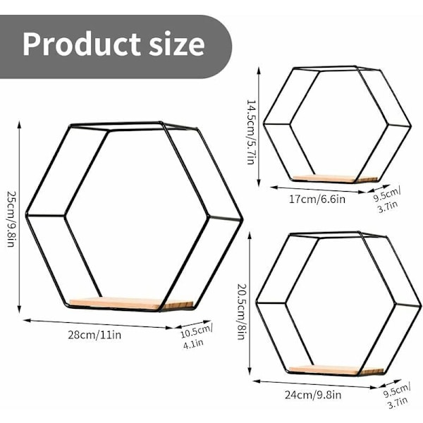 Vägghylla, set om 3 hexagonala hyllor i metall och trä, för kök, badrum, sovrum, väggdekoration (svart)