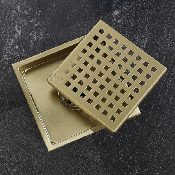 Bruseafløb Guld Rustfrit Stål Kvadratisk 15x15cm Bruseafløb Gulvafløb Gulvafløb med Gulvafløbsdæksel, Messing Deodoriserende Kerne, Børstet Guld [E