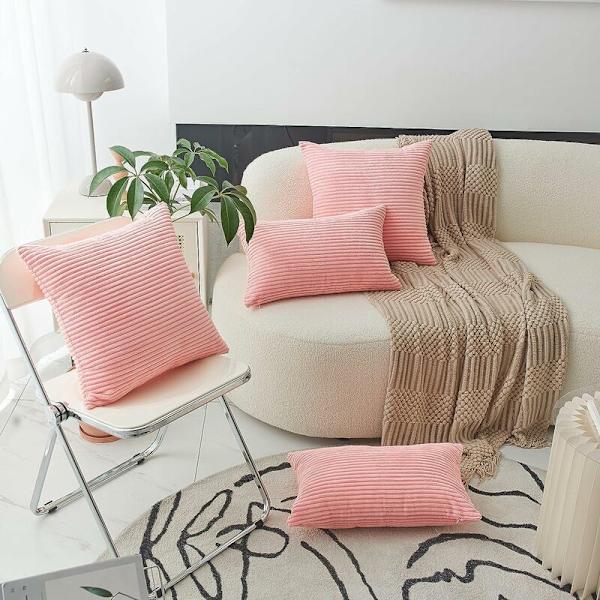 Lumbar Putetrekk 2-pak Dekorative Stripete Kordfløyel Rektangulære Putetrekk Lange Putetrekk for Sofa - 18 x 18 tommer Korall