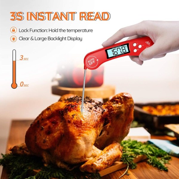 Grilltermometer Kötttermometer Kökstermometer Rosttermometer Matlagningstermometer med 3s Instantläsning, LCD-display och lång sond för