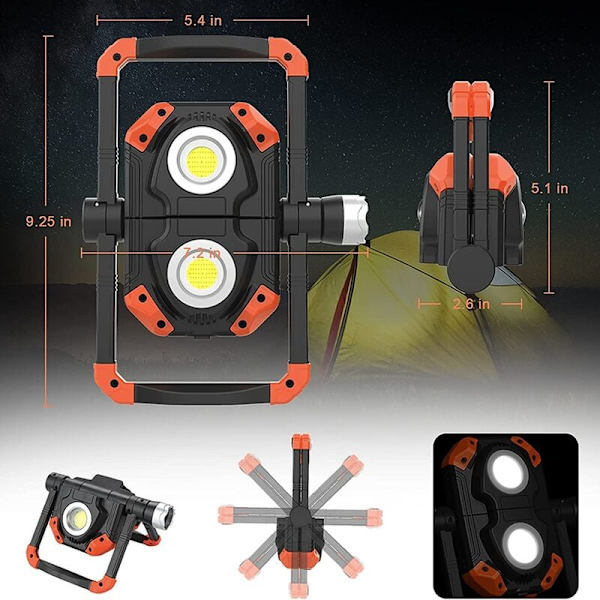 Genopladelig LED-arbejdslampe, 3 COB 1150LM projektør, 360° rotation vandtæt lys, til RV-reparation osv., orange
