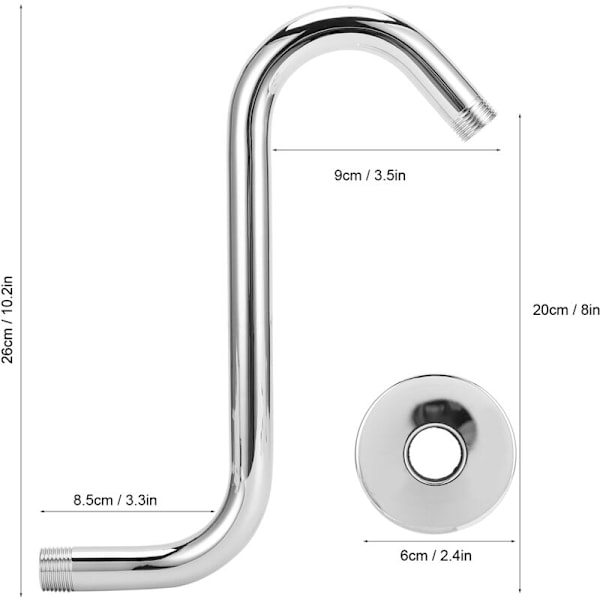 Skyve Dusjstang, S-formet NPT1/2 Dusjarm, 8 Tommer, Dusjhode i Rustfritt Stål med Elektroplettering, Fast Arm Tilbehør