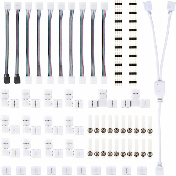 5050 4-nastainen RGB LED-valonauha-liitäntäpaketti, sisältää jakokaapelia, liitäntäkaapeleita LED-nauhalle, L-muotoisia liittimiä, 4-nastaisia urosliittimiä