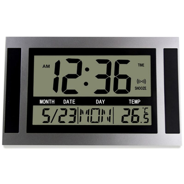 LCD Digital Väggklocka Stora Siffror Tid Temperatur Kalender Alarm Bordsklocka Modern Design Kontor Silver