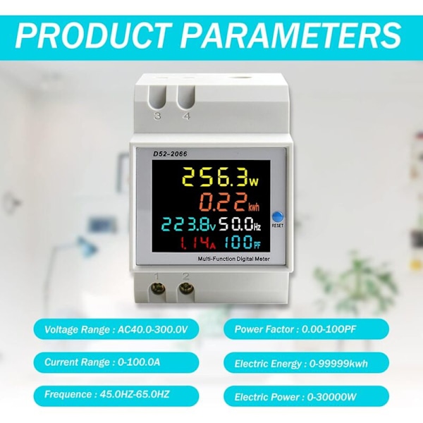 Enfasig Elektrisk Wattmätare, Digital Elmätare AC 40-300V 100A DIN-Skena Wattmätare KWh Voltmätare Amperemeter Multifunktionell Återställbar CT T
