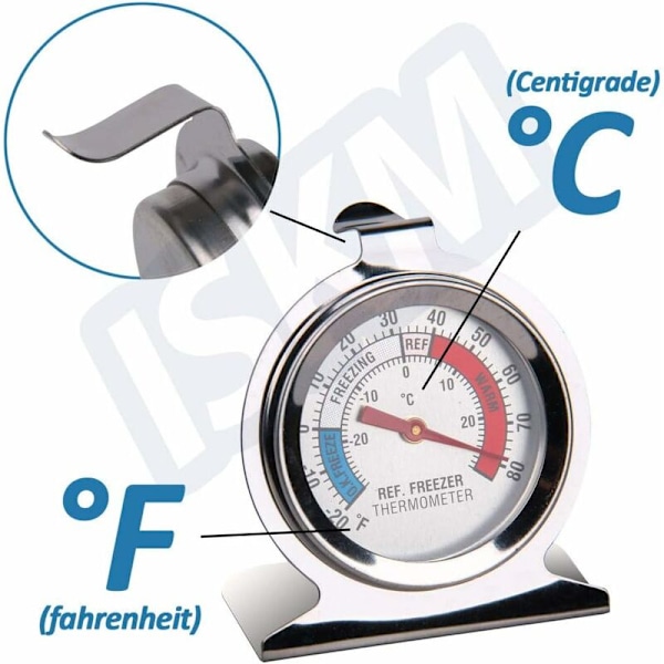 Kjøleskapstermometer med stor rustfritt stål-skive, hengekrok og innfellbar holder - 1 pakning