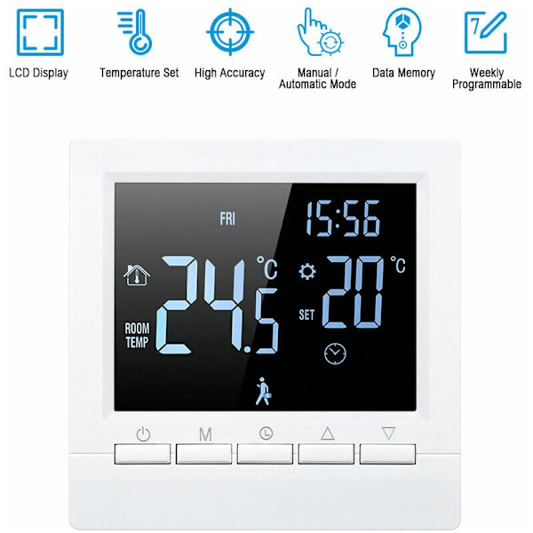 Elektrisk värmetermostat, manuell knapp 16A, negativ display, ingen Wifi