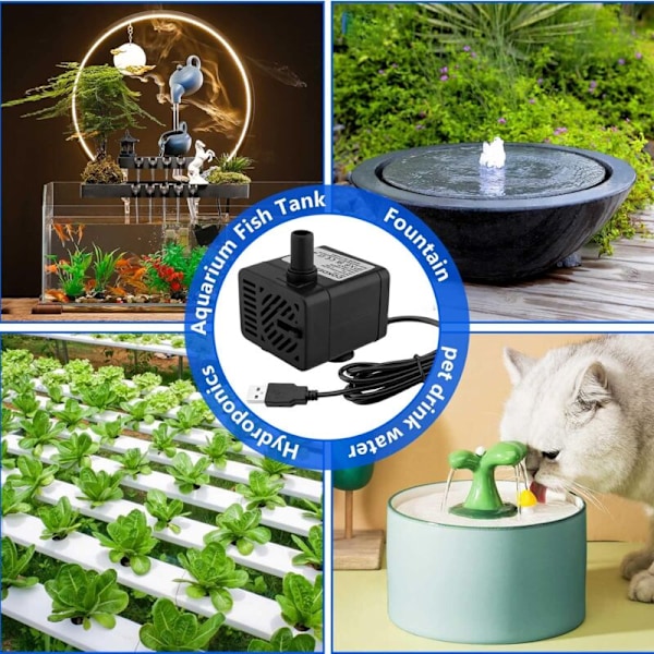 Mini USB nedsenkbar vannpumpe (DC 5V 1-3W 200L/H) Justerbar Ultra Stille Liten Vannpumpe for Kjæledyr, Akvarium, Dam, Hydroponics, Innendørs Utendørs