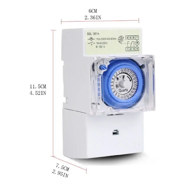 SUL181H Mekanisk Tidtakerbryter - 220V, 16A - Kvartsmotor - DIN-Skinnemontering - 24H