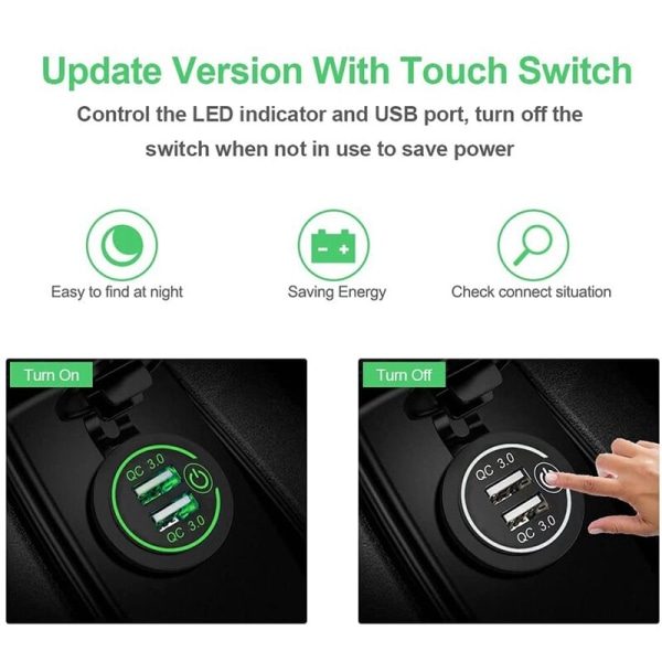 3.0 kaksinkertainen USB-laturipistorasia, 12V/24V vedenpitävä USB-pistorasia kosketuskytkimellä autoon, veneeseen, asuntoautoon, vihreä