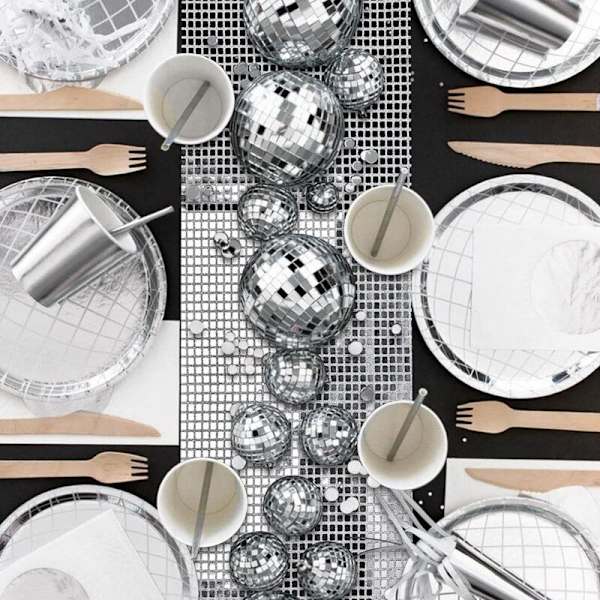 Discofestbord med silverfolie spegel, metallisk glitter bordsduk för disco dansfest, bröllop