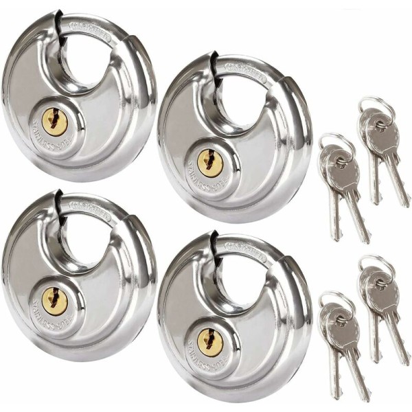 4 turvallisen pyöreän lukon sarja, 70 mm ruostumattomasta teräksestä valmistettu pyöreä lukko, ruostumaton kiekko lukko varastoille, autotalleille, perävaunuille