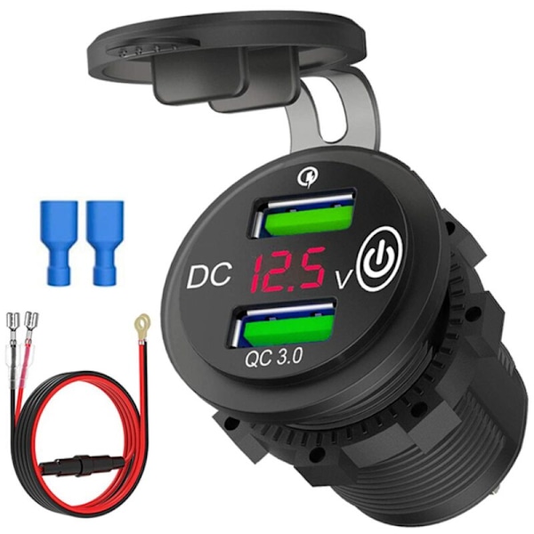 Dual Port USB-billader for biluttak QC3.0 12V/24V ladeadapter med LED digital voltmeter berøringssvitsj A