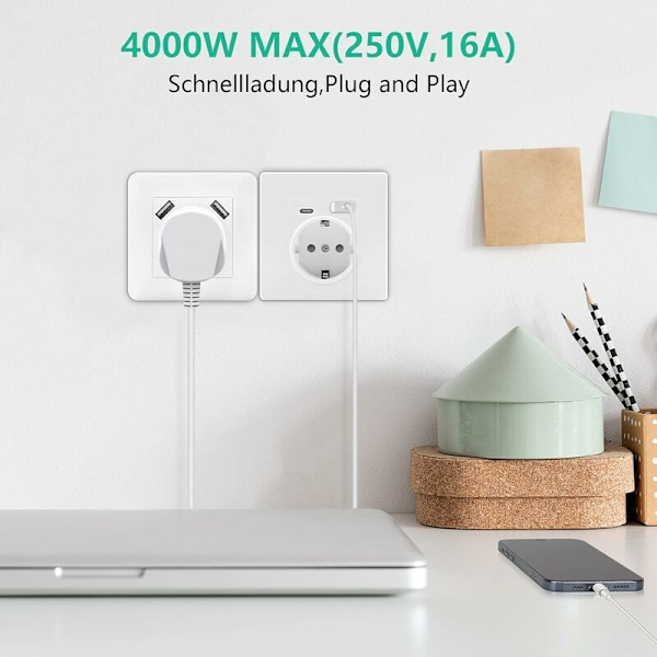 Seinän pistorasia 2 x 2,8 A upotettavilla USB-porteilla, USB-seinäpistorasia (USB-A ja USB-C) yhteensopiva tavanomaisen upotettavan asennuslaatikon kanssa, laturi älypuhelimille