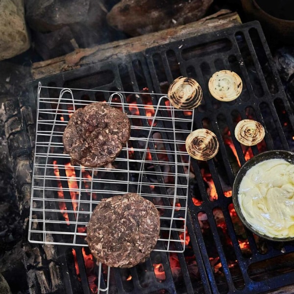 Grillnett for fisk, grillstativ for fisk, non-stick trippel fisk grillkurv, grillverktøy med trehåndtak, 2 stk.