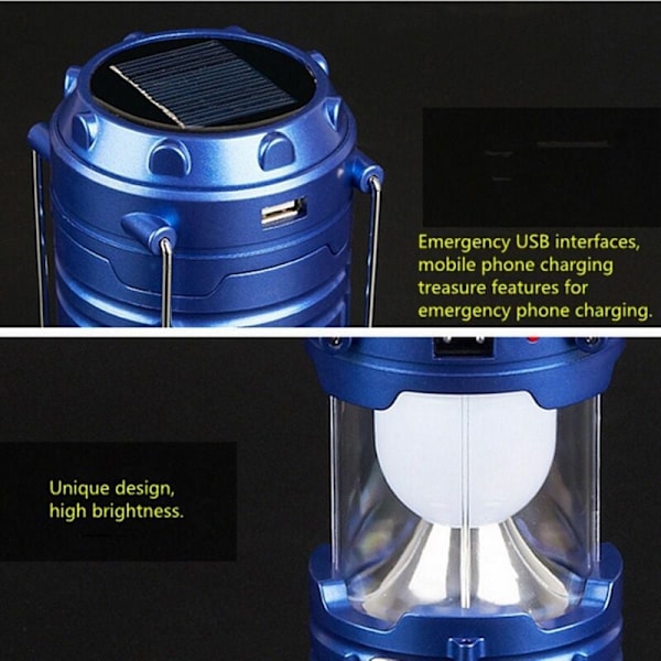 Bärbar solcellsladdad campinglykta USB LED tält vandringsficklampa hängande, blå