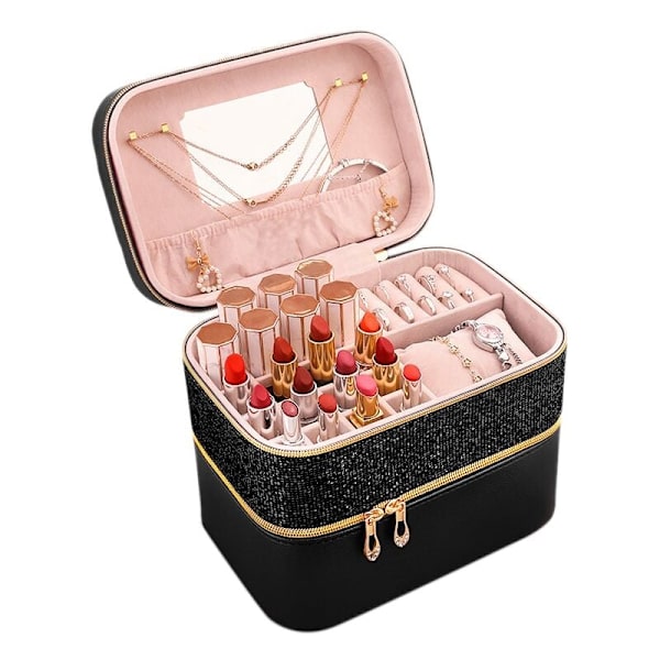 Højkapacitets boksarrangør makeup kiste makeup opbevaring læder makeup arrangør skønhed rejseboks-2
