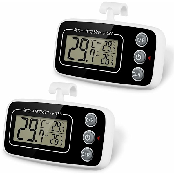 Kjøleskapstermometer, 2 stk Vanntette Frysertermometer med Henger Maksimum/Minimum Opptaksfunksjon Enkel å Lese LCD-Skjerm Ideell for Hjem (Hvit og Svart)