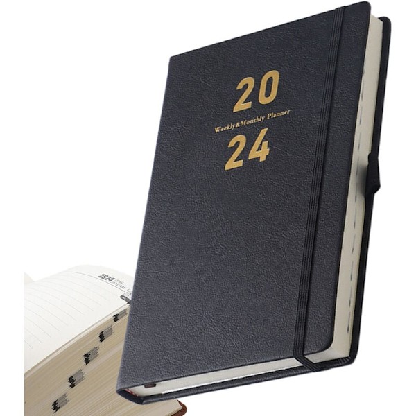 2024 Planner, 5.4\" x 8.3\" Akademisk Kalender, Daglig och Månadsvis Planerare med Pennhållare, Veganläder Hårdpärm