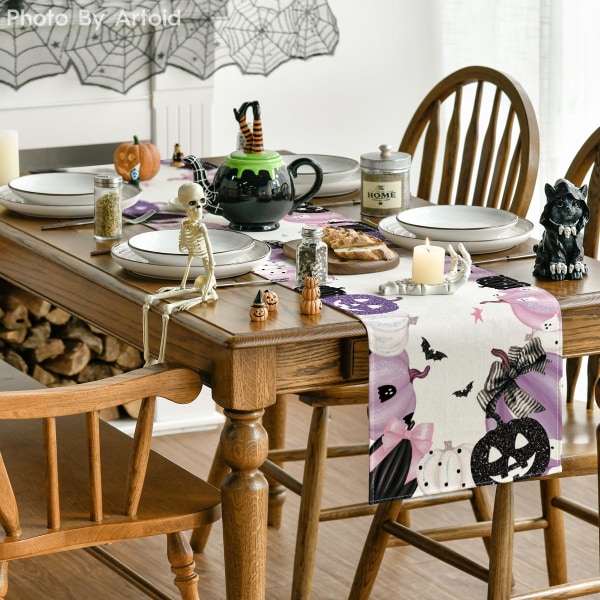 Halloween Pöytäliina Vaalean violetti ja valkoinen Jack-O-Lantern Pumpkin Sticks, sesongin keittiön pöytäsisustus, täydellinen kotijuhliin 13 x 72 i