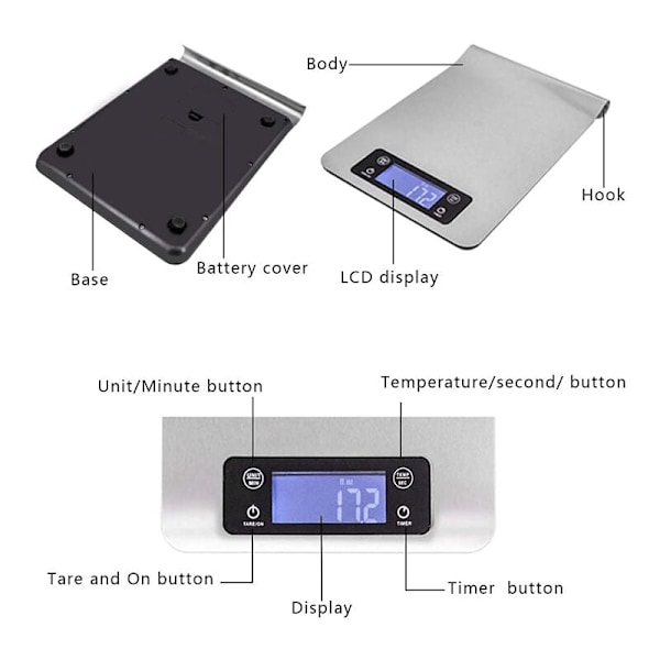 Digital köksvåg, liten elektronisk multifunktionell våg, vikt i gram och uns, med exakt LCD-display, silver