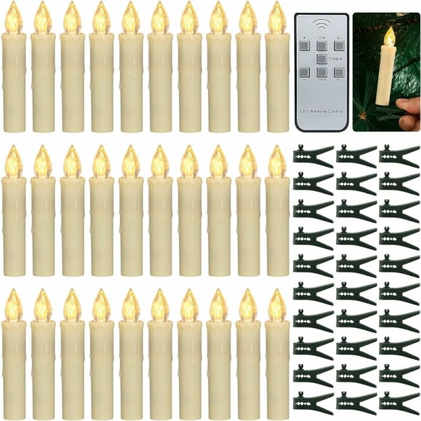 Julelys LED-lys, 30 stk. LED-lys Flammeløse batteridrevne spisslys med fjernkontroll/timer/avtakbare klips/vanntett ringer for hjem C