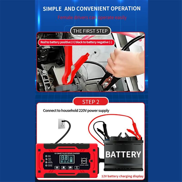 12V 24V 6A helautomatisk intelligent batterilader med temperaturkompensasjon for bil lastebil motorsykkel EU-plugg