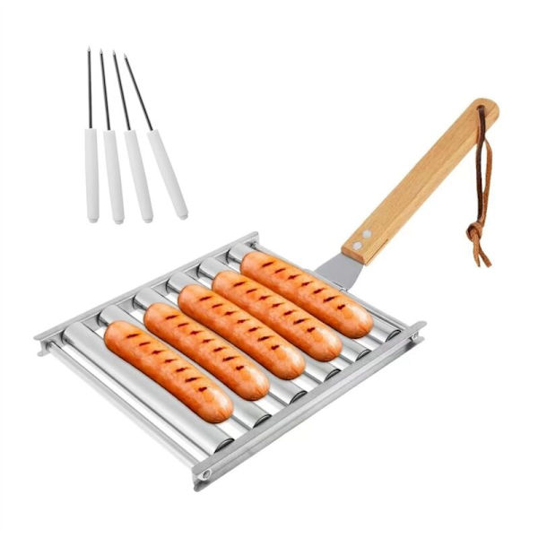 Pølsegriller, Rustfritt Stål Pølseholder med Trehåndtak, Grill for Jevnt Tilberedt Grillmat