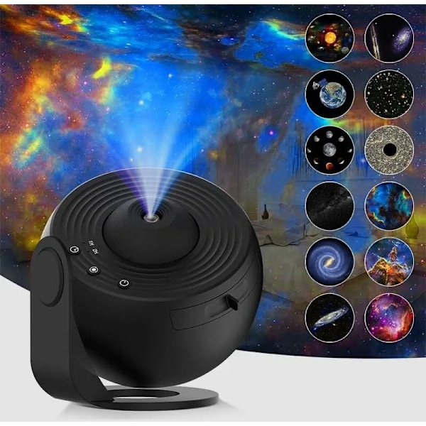 Stjernehimmel-projektor, LED-galakseprojektorlampe, realistisk stjernehimmel nattlys med 12 filmdisker, konstellasjon måne solsystem, for romdekorasjon