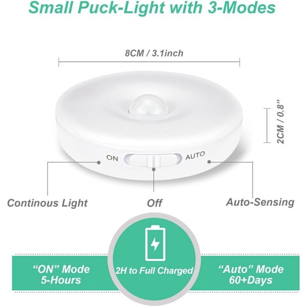 Automatisk LED Natlys, Indendørs Bevægelsessensorlys, Ledningsfrit LED Lys, 3 Tilstande (Auto/Tændt/Slukket) ，LED Skabslys, Genopladelig