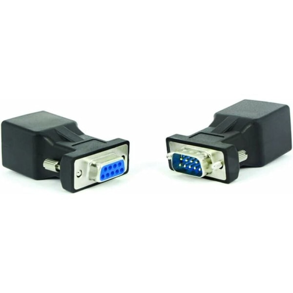 RJ45-RS232-sovitin, sarjallinen portti DB9 9-pin uros RJ45 naaras Cat. 5e/6 Ethernet LAN -jatkosovitin, 2 kpl (uros+naaras)