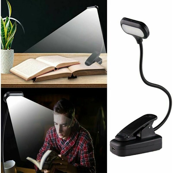Latautuva lukulamppu, 5 LED-lukulamppu 360° joustava kaulan kirjan lukemiseen sängyssä, kiinnikkeellinen lamppu Kindlelle/kannettava kiinnikkeellinen lamppu e-lukulaitteille/yölle/matkalle