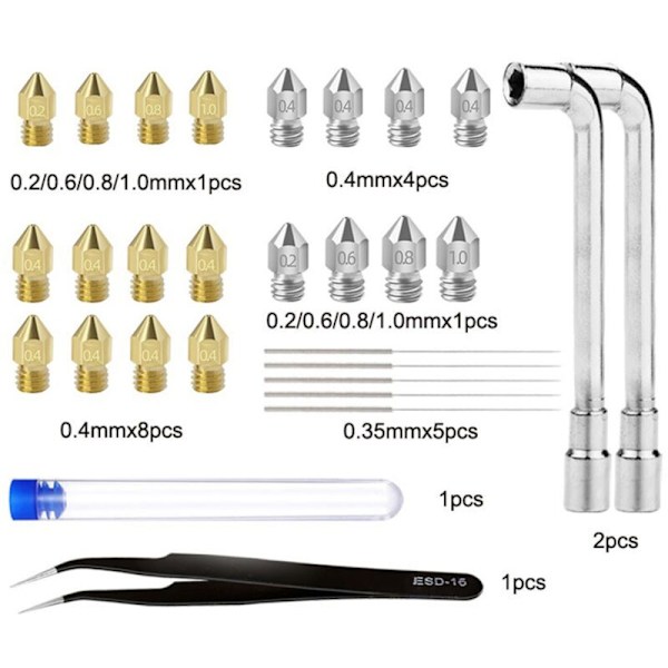 Til de fleste 3D-printerdyse-rengørings- og udskiftningssæt, 0,2/0,4/0,6/0,8/1,0 mm, 0,35 mm nål, skruenøgle, pincet