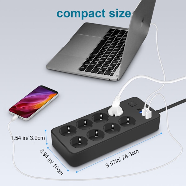 Europeisk stikkontaktkort, 8 stikkontakter inkludert USB-port, smart stikkontakt, strømlist for hjemmekontor og skyvelist