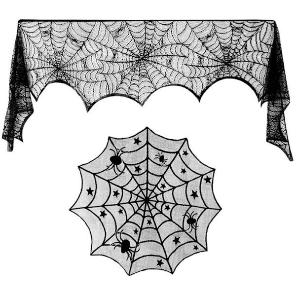 18 x 96 tum Halloween spets spindelnät eldstad mantel och 40 tum spets spindelnät bordsduk, 2 stycken