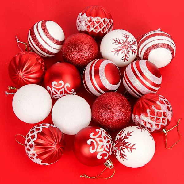 Röda och vita julgranskulor, 16 st julgranskulor 6 cm, julgransprydnad, målade plastjulgranskulor med snöre för inomhusbruk