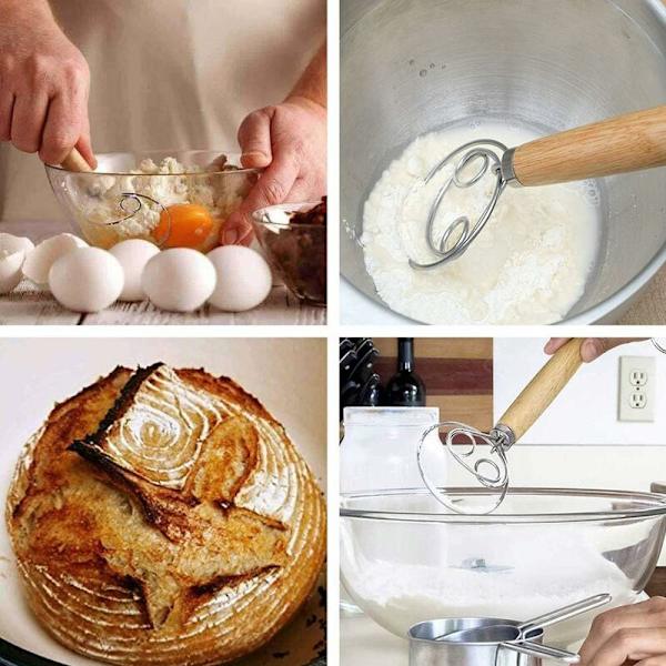 Rustfrit stål dansk dejpisker hollandsk stil brødsauce håndmixer med træhåndtag køkken bageværktøjer-
