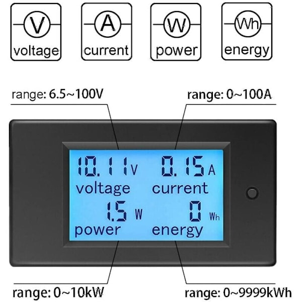 12V Voltmeter Amperemeter Tester Indikator Spænding Strøm Effekt Energi Digital DC 6,5-100V 100A Volt Amp Watt Multimeter LCD Display Panel