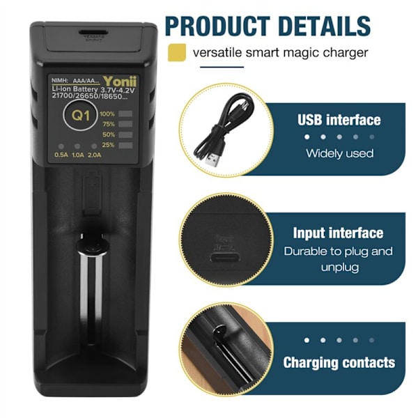 18650 Laddare för USB med en enda plats för litiumbatterier