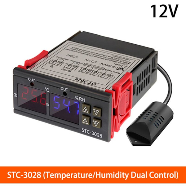 DC 12V Dubbel Digital Termostat Temperatur Fuktighetskontroll Termometer Hygrometer Inkubator Controller STC-3028