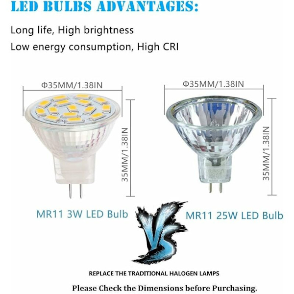 12V 3W MR11 LED-lampor motsvarande 20-30W halogenlampor, GU4.0 sockel, varmvit (3000K, 6-pack)