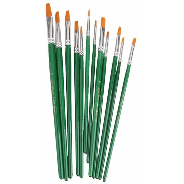 12 Pieces Assorted Size Artist Flat Paint Brushes Set (Green)