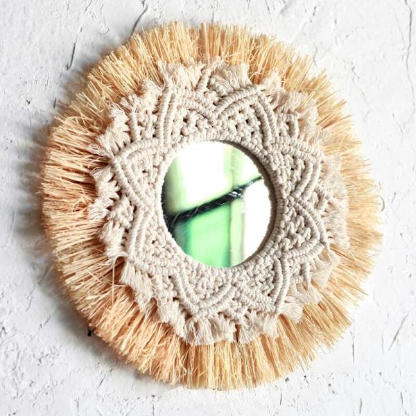 Nordisk halmvävda hotell Bed and Breakfast vägg Boho dekor spegel handvävd Macrame väggdekor dekorativ spegel