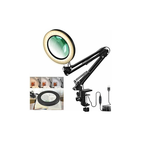 LED Forstørrelseslampe med Håndfri Klemme Forstørrelsesglas Skrivebordslampe Justerbar Svingarm USB-drevet Lampe Forstørrelsesglas LED Lampe med