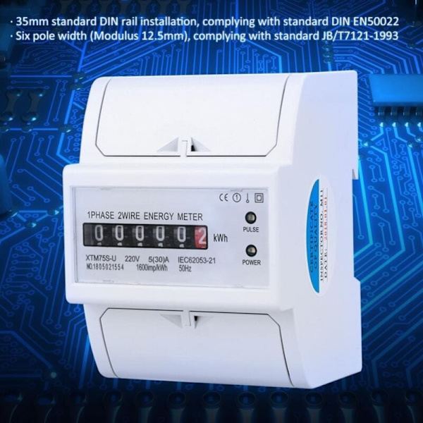 220V Multifunktionell Digital Enfas Elmätare DIN-skena Mätare 2 Ledningar 4P (5(30) A)