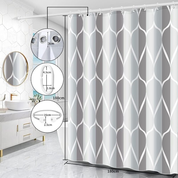 Bruseforhæng, vaskbart, antibakterielt, fugtbestandigt, vandtæt, i polyester med 12 ringe (grå, B 220 x H 200 cm)