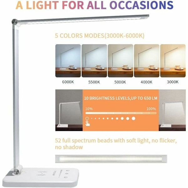 LED-skrivbordslampa, Dimbar bordslampa, Stöd för trådlös laddning av mobiltelefon, Pekskärm för ögonskydd, med USB-port/timerfunktion Vikbar/Rot