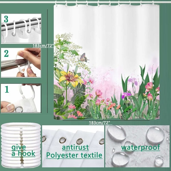 Duschdraperi, Gröna Blad Duschdraperi, Blommigt Duschdraperi - 72 Bred x 72 Lång, med 12 Krokar, Viktad Kant, Duschdraperier för Badrum