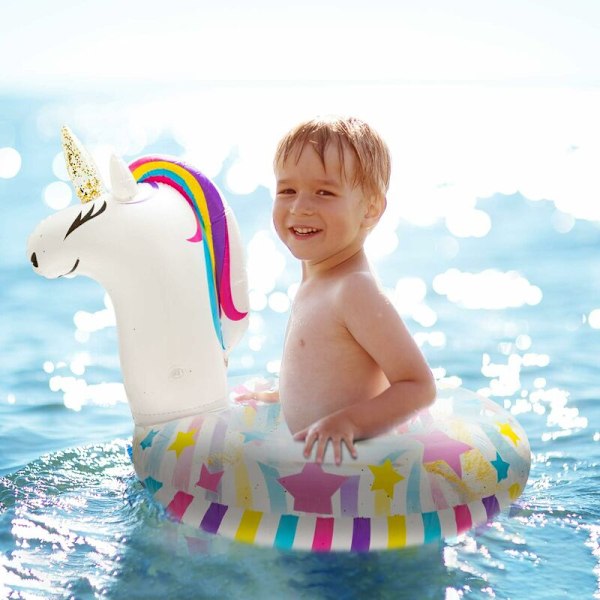 Uppblåsbar Enhörning Pool Float Pool Leksaker Enhörning Badring med Paljetter Vattenfest Uppblåsbar Strand Fritidsflotte Barn och Vuxna Vit