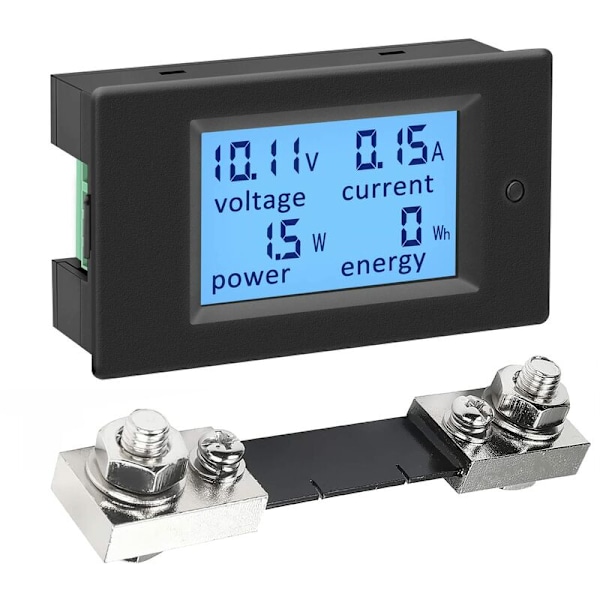 Digital Panel Voltmeter Amperemeter Shunt 100A DC 6,5-100V, Strømspændingstester Elektrisk Effekt Energimåler Volt Amp Watt Meter LCD Display Sol Aut